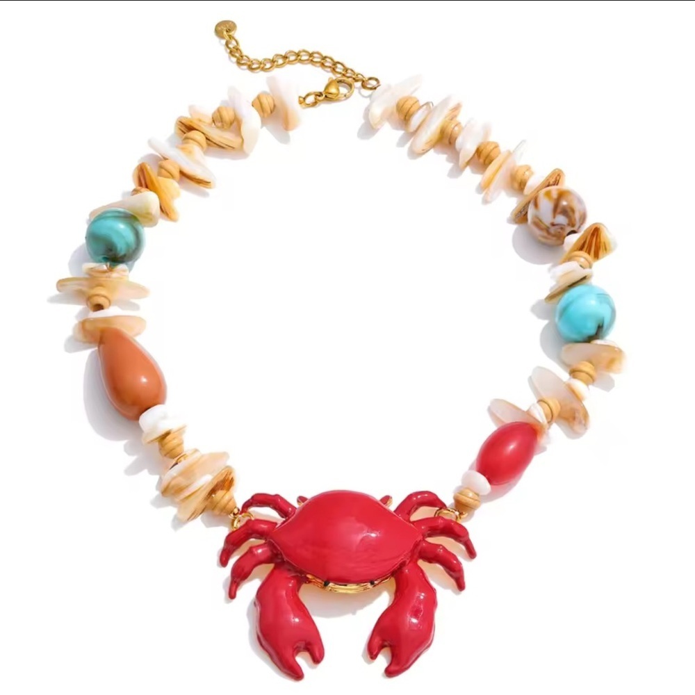 Red Crab Coastal Multicolor Beaded Gold Necklace